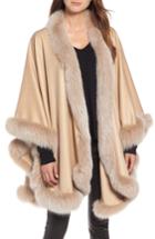 Women's Sofia Cashmere Frosted Genuine Fox Fur Trim Cashmere Cape, Size - Beige