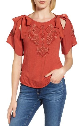 Women's Lucky Brand Tie Shoulder Embroidered Top - Red