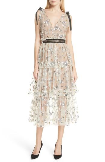 Women's Self-portrait Sequin Mesh Tie Strap Midi Dress - Beige