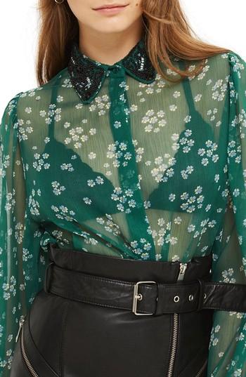 Women's Topshop Beaded Collar Sheer Shirt Us (fits Like 0-2) - Green