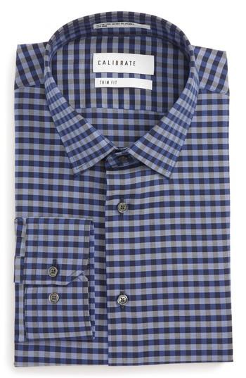 Men's Calibrate Trim Fit Stretch Non-iron Check Dress Shirt .5 34/35 - Blue