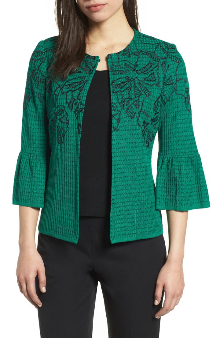 Women's Ming Wang Embroidered Bell Sleeve Sweater Jacket