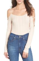 Women's Lace Sleeve Cold Shoulder Bodysuit - Beige