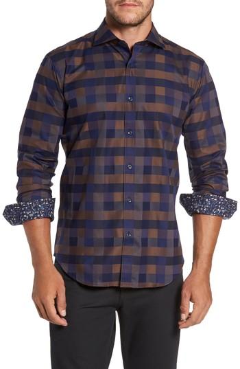 Men's Bugatchi Trim Fit Box Check Sport Shirt, Size - Brown