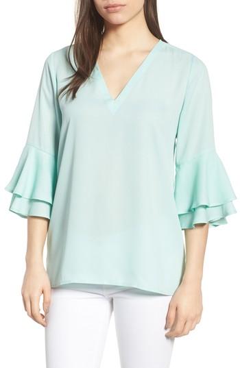Women's Chaus Ruffle Sleeve V-neck Blouse - Blue
