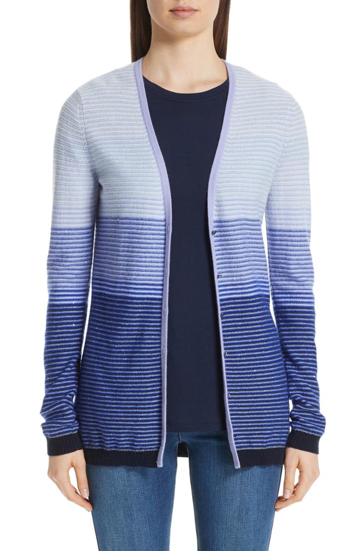 Women's St. John Collection Stripe Cashmere Cardigan, Size - Blue