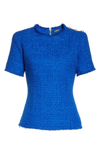 Women's Balmain Button Shoulder Tweed Top Us / 42 Fr - Blue
