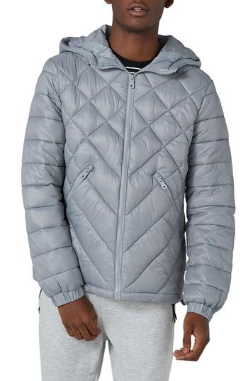 Men's Topman Hooded Quilted Jacket - Grey