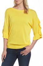 Petite Women's Halogen Ruffle Sleeve V-back Sweater, Size P - Yellow