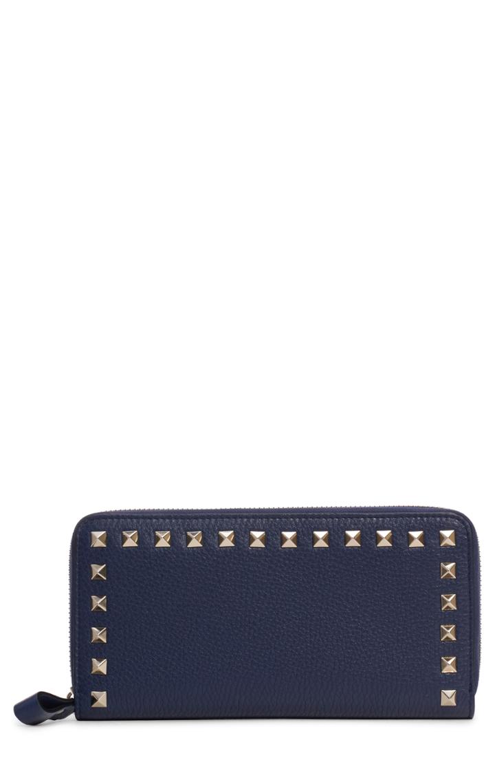 Women's Valentino Garavani Rockstud Zip Around Leather Continental Wallet - Blue