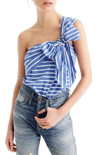 Women's J.crew Stripe Cotton One-shoulder Bow Top - Blue
