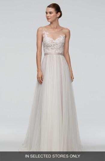 Women's Watters 'azriel' Illusion Neckline Lace & Net A-line Gown, Size In Store Only - Beige