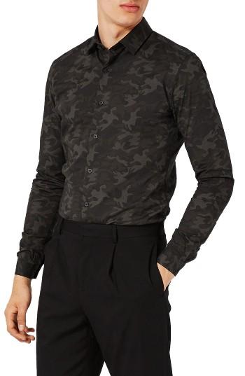 Men's Topman Camo Print Dress Shirt - Green