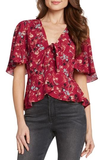 Women's Willow & Clay Tie Front Flutter Sleeve Top - Red