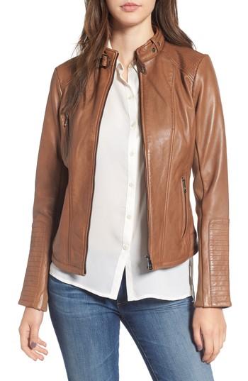 Petite Women's Bernardo Zip Front Leather Biker Jacket P - Beige