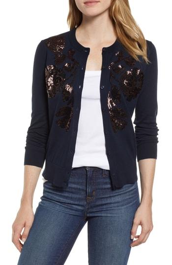 Women's J.crew Sequin Floral Embroidered Jackie Cardigan - Blue