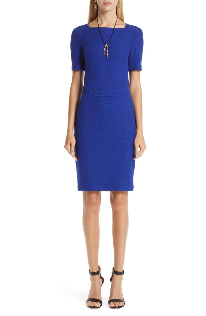 Women's St. John Collection Irina Boucle Knit Square Neck Sheath Dress - Blue
