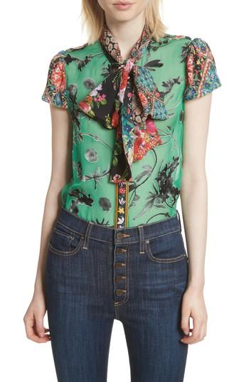 Women's Alice + Olivia Bow Neck Mixed Print Blouse - Green