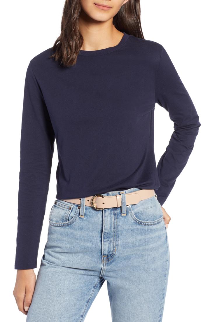 Women's 1901 Rib Crewneck Stretch Cotton Top, Size - Blue