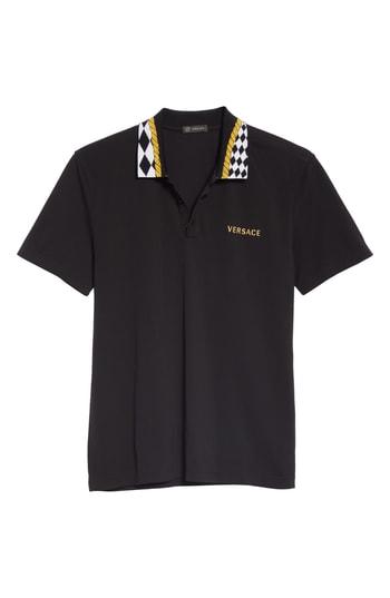 Men's Versace First Line Check Collar Pique Polo, Size - Black