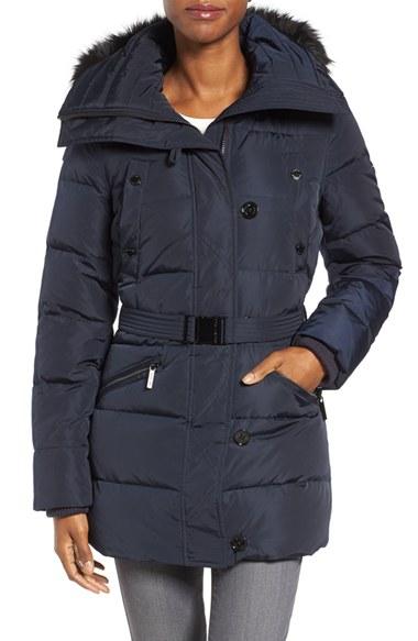 Women's Michael Michael Kors Faux Fur Trim Belted Down & Feather Fill Parka - Blue