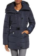 Women's Michael Michael Kors Faux Fur Trim Belted Down & Feather Fill Parka - Blue