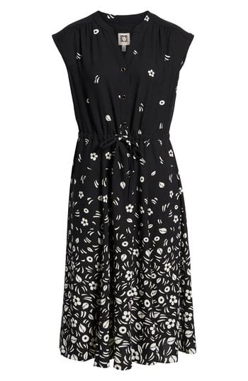 Women's Anne Klein Floral Drawstring Crepe De Chine Dress - Black