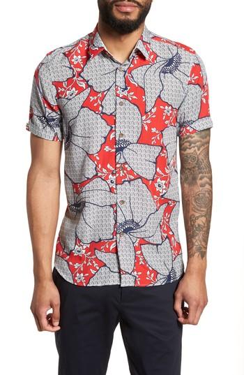 Men's Ted Baker London Sohot Trim Fit Floral Sport Shirt (s) - Red