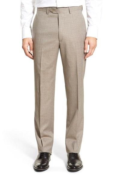 Men's Santorelli Flat Front Check Wool Trousers - Beige