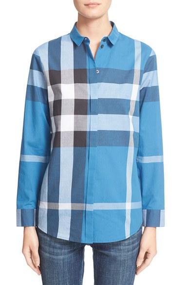 Women's Burberry Check Print Cotton Shirt - Blue