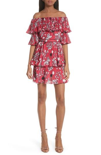 Women's Self-portrait Pleated Tier Off-the-shoulder Dress - Red