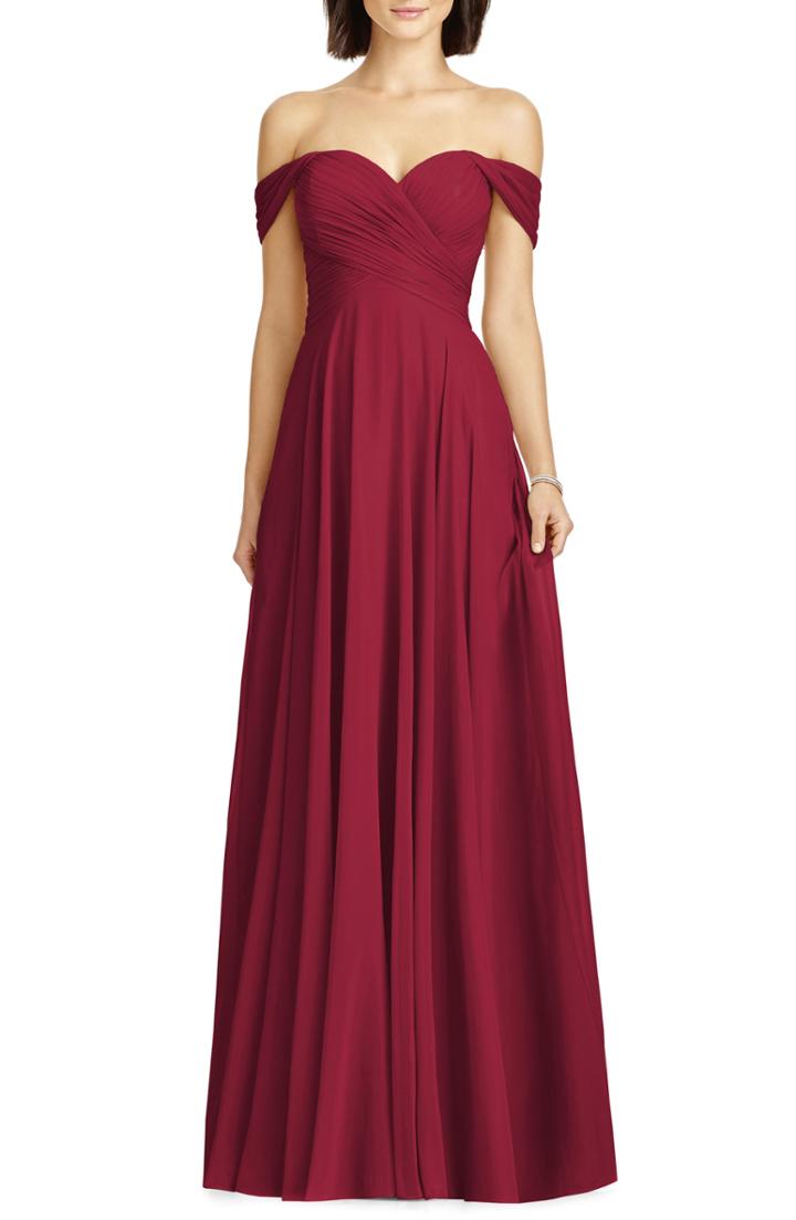 Women's Dessy Collection Lux Off The Shoulder Chiffon Gown (similar To 14w) - Burgundy
