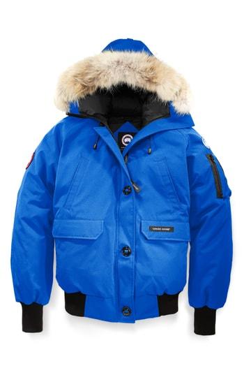 Women's Canada Goose Pbi Chilliwack Hooded Down Bomber Jacket With Genuine Coyote Fur Trim, Size - Blue