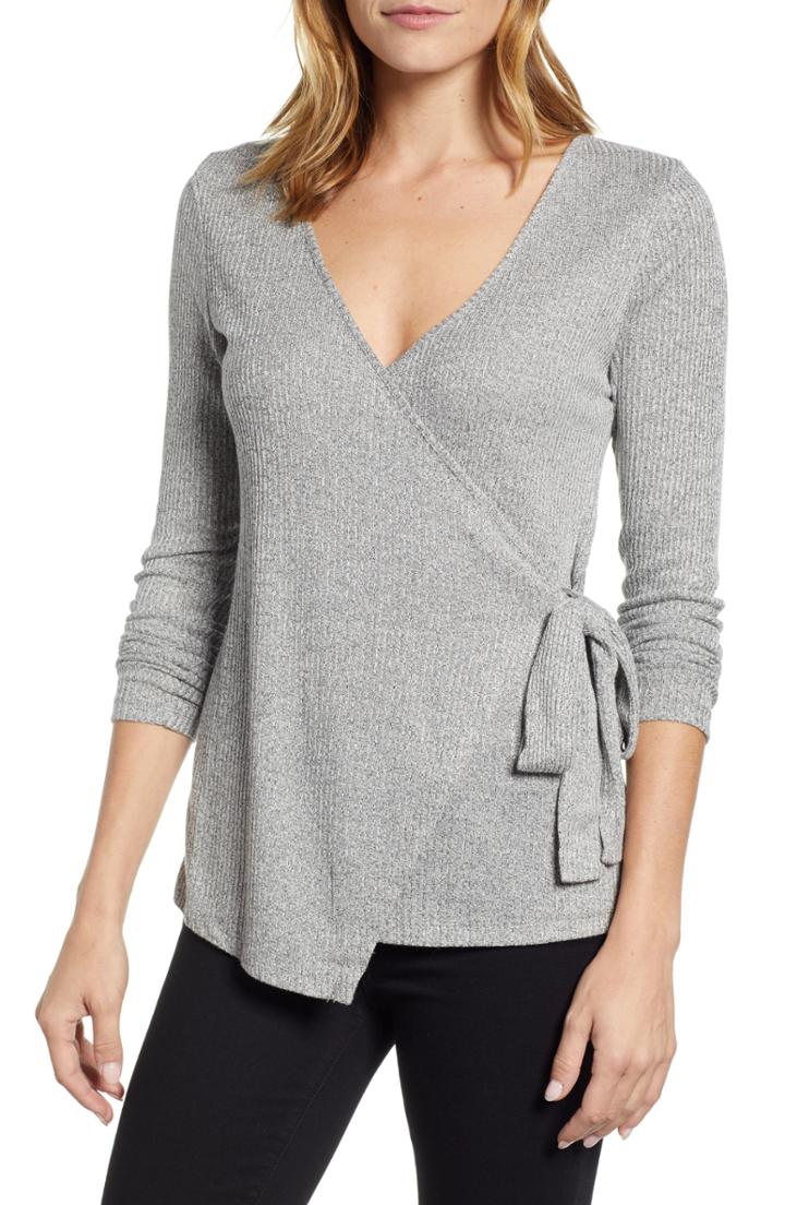 Women's Bobeau Side Tie Faux Wrap Top - Black