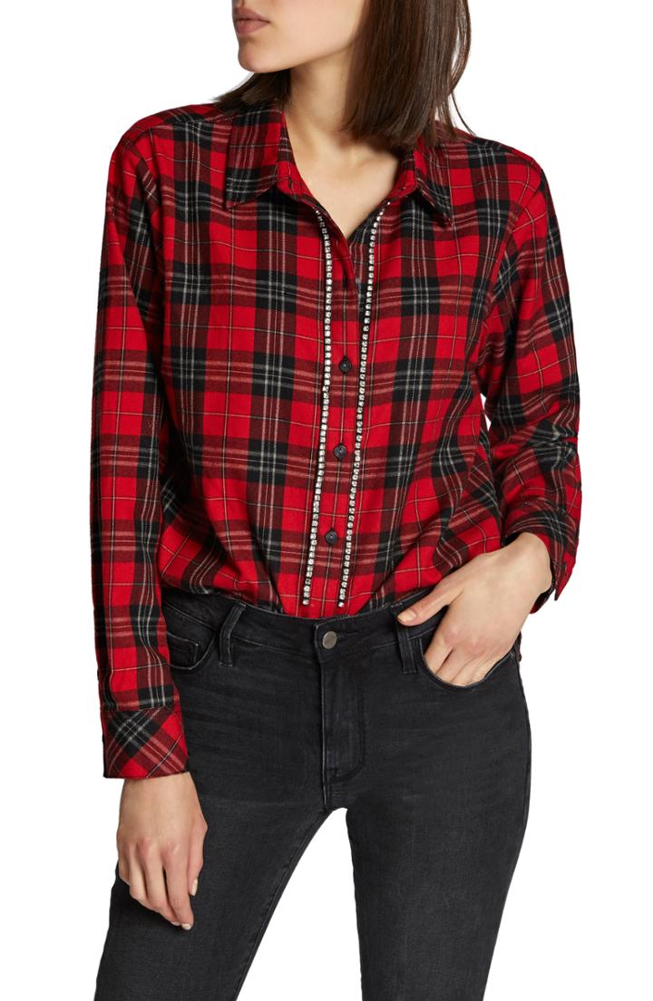 Women's Sanctuary Rockstar Rhinestone Stud Boyfriend Shirt - Red