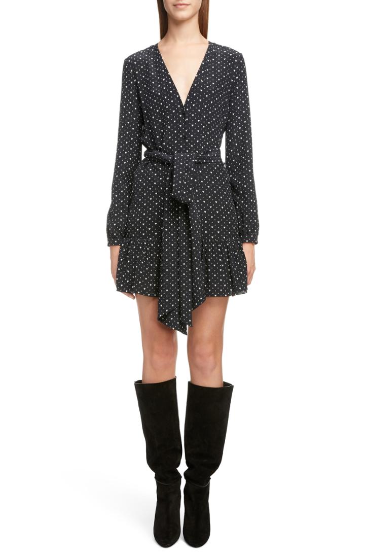 Women's Saint Laurent Heart Print Tie Waist Silk Dress Us / 36 Fr - Black
