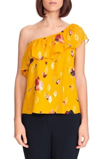 Women's Sezane Adelie Ruffle One-shoulder Metallic Silk Blouse Us / 34 Fr - Yellow