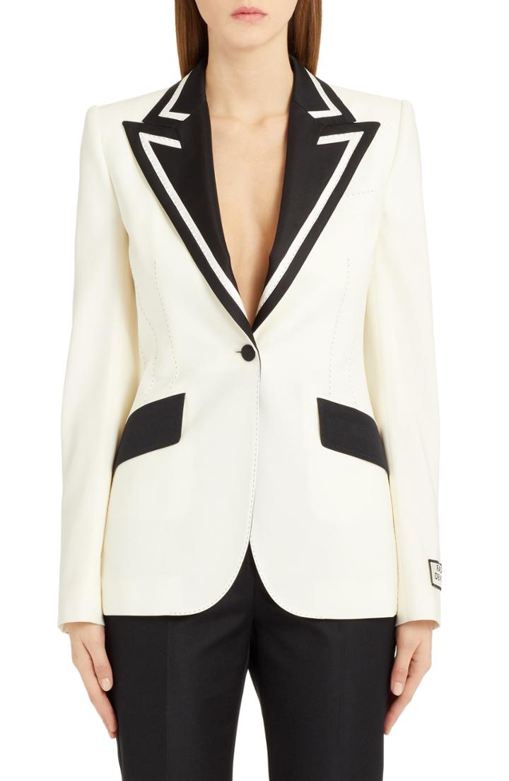 Women's Dolce & Gabbana Contrast Lapel Stretch Wool & Silk Blazer Us / 40 It - White