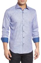 Men's Bugatchi Shaped Fit Graphic Check Sport Shirt, Size - Blue