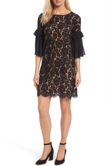 Petite Women's Karen Kane Ruffle Sleeve Lace Shift Dress, Size P - Black