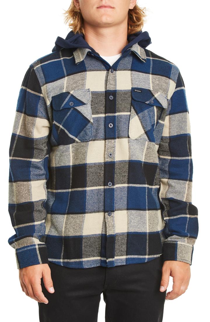 Men's Brixton Bowery Plaid Flannel Shirt With Hood - Black