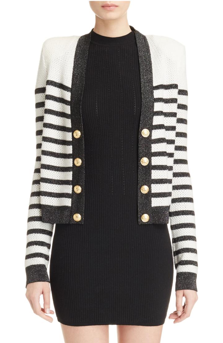Women's Balmain Stripe Honeycomb Knit Cardigan Us / 42 Fr - White