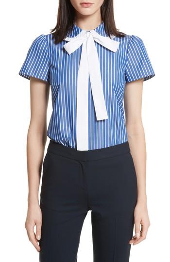 Women's Red Valentino Tie Neck Stripe Cotton Poplin Top Us / 38 It - Blue
