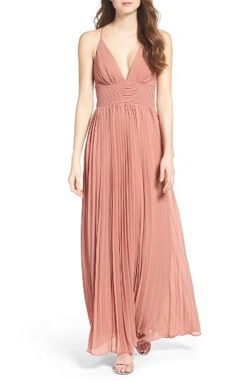 Women's Lulus Plunging V-neck Pleat Georgette Gown - Pink