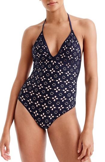Women's J.crew Eyelet Halter One-piece Swimsuit - Blue