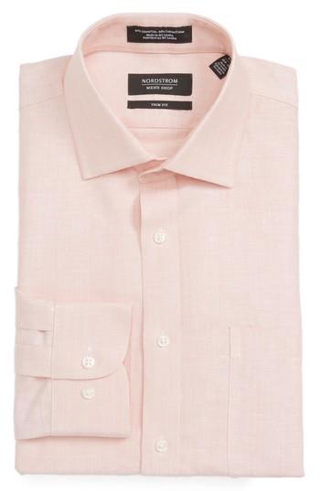 Men's Nordstrom Men's Shop Trim Fit Solid Linen & Cotton Dress Shirt - 32/33 - Orange