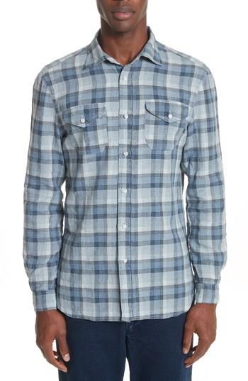 Men's Eidos Napoli Atlas Check Washed Linen Sport Shirt - Blue
