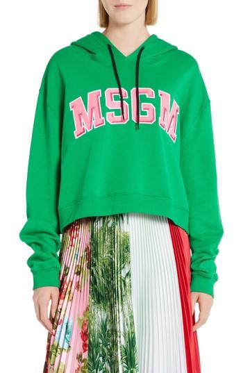 Women's Msgm Logo Crop Cotton Hoodie - Green