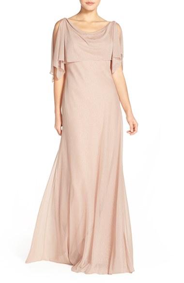 Women's Jenny Yoo 'devon' Glitter Knit Gown With Detachable Capelet