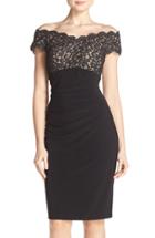 Petite Women's Xscape Lace & Jersey Off The Shoulder Sheath Dress